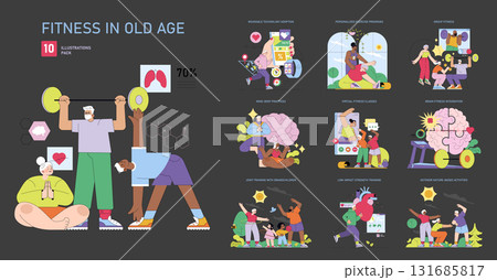 A collection of vector illustrations showcasing elderly individuals engaging in various fitness activities. Emphasizes physical and mental health through exercise and mindfulness practices. 131685817