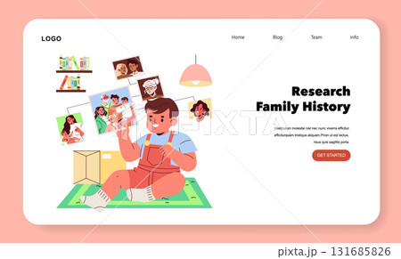 Child enthusiastically researching family history using photos connected on a wall. Features a playful scene with books, photographs, and a curious child engaged in discovering heritage. 131685826
