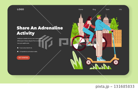 Vector illustration of a city adventure scene featuring a person riding a scooter along with someone on a bicycle against a backdrop of city buildings and greenery, promoting outdoor activity. 131685833