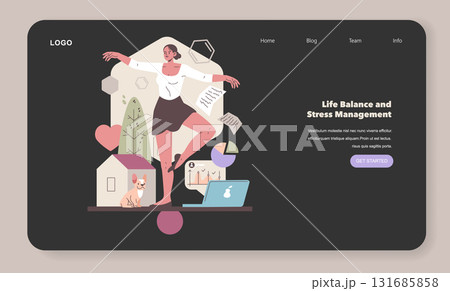Vector illustration of a woman balancing on a beam depicting work-life balance. Surrounding elements include a dog, house, charts, and plants, all symbolizing harmony in daily life. Vector illustration of a woman balancing on a beam depicting work-life balance. Surrounding elements include a dog, house, charts, and plants, all symbolizing harmony in daily life. 131685858