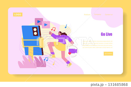 Vector illustration of a woman energetically leaping in front of a boombox, surrounded by music icons. The vibrant colors and dynamic pose capture the excitement of music and video content creation. Vector illustration of a woman energetically leaping in front of a boombox, surrounded by music icons. The vibrant colors and dynamic pose capture the excitement of music and video content creation. 131685868