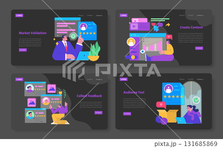 Vector illustration showcasing key business processes like market validation, content creation, feedback collection, and audience testing. Simplifies complex workflows for presentations. 131685869