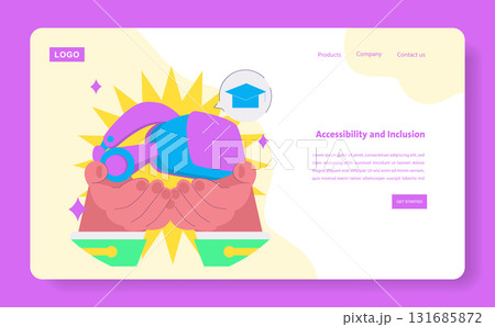 Vector illustration depicting hands holding a VR headset, symbolizing education accessibility. The background includes a graduation cap icon, emphasizing digital learning and inclusion. 131685872