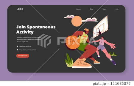 Vector illustration of two basketball players in a dynamic game moment. One player dribbles the ball while the other defends fiercely. Includes call-to-action text for activity. 131685875