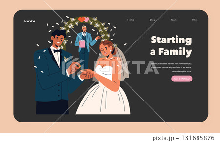 Wedding ceremony vector illustration shows a joyous moment as a smiling couple exchanges rings under an archway with a celebrant. Symbolizes love, commitment, and new beginnings. 131685876