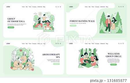 Vector illustration set featuring wellness activities: group outdoor yoga, forest bathing walk, aromatherapy spa, and wellness group circle. Suitable for lifestyle website designs. 131685877