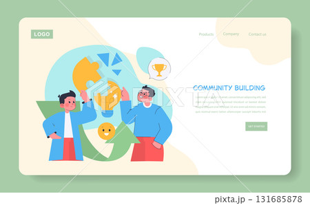 Vector illustration of two people engaging in community building activities, with bright expressions and collaborative symbols like lightbulbs and puzzles, emphasizing teamwork and joy. 131685878