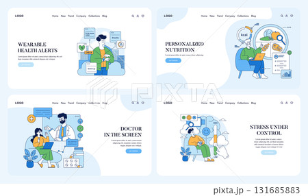 Set of vector illustrations depicting wearable health alerts, personalized nutrition analytics, virtual doctor consultations, and stress management. Ideal for health and wellness themes. 131685883