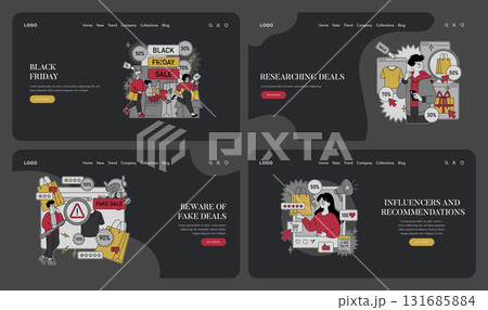 Set of vector illustrations highlighting Black Friday shopping activities with shoppers researching deals. Concepts include identifying sales and potential fake offers while engaging in price 131685884