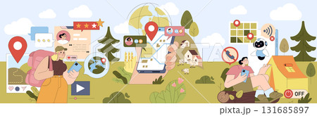 Vector illustration of travelers using mobile apps for trip planning in nature. Features map navigation, reviews, and social sharing, highlighting digital tools for outdoor exploration. Vector illustration of travelers using mobile apps for trip planning in nature. Features map navigation, reviews, and social sharing, highlighting digital tools for outdoor exploration. 131685897