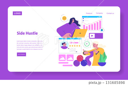 Vector illustration showing a person working on a laptop, engaging in a side hustle. The design includes graphs, reviews, knitting, and teamwork concepts, highlighting multitasking in a creative Vector illustration showing a person working on a laptop, engaging in a side hustle. The design includes graphs, reviews, knitting, and teamwork concepts, highlighting multitasking in a creative 131685898