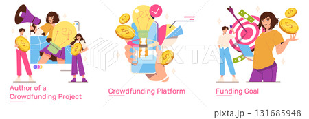 Crowdfunding vector illustration showing a dynamic team engaged in project planning. Includes elements like coins, a megaphone, and a lightbulb, symbolizing creativity and funding goals. 131685948