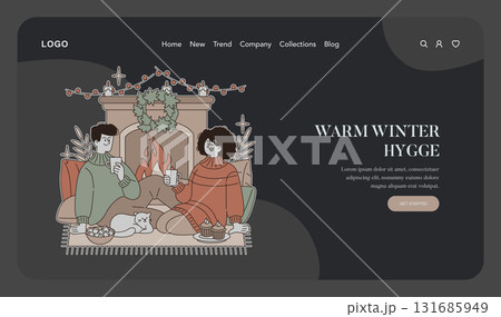 Vector illustration of two people enjoying a cozy winter evening by the fireplace, sipping hot drinks with a relaxed cat nearby. Warm atmosphere enhanced by festive decorations. Vector illustration of two people enjoying a cozy winter evening by the fireplace, sipping hot drinks with a relaxed cat nearby. Warm atmosphere enhanced by festive decorations. 131685949