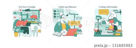 Vector illustration showing three different scenarios of seniors embracing modern activities. Elderly individuals editing videos, podcasting, and cooking, highlighting active lifestyles. Vector illustration showing three different scenarios of seniors embracing modern activities. Elderly individuals editing videos, podcasting, and cooking, highlighting active lifestyles. 131685983