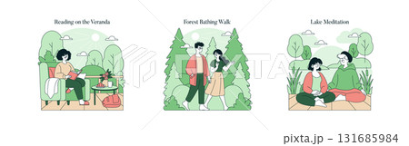 Vector illustration depicting three relaxation and wellness activities. A person reading on a veranda, a couple walking in a forest, and two individuals meditating by a lake. Vector illustration depicting three relaxation and wellness activities. A person reading on a veranda, a couple walking in a forest, and two individuals meditating by a lake. 131685984