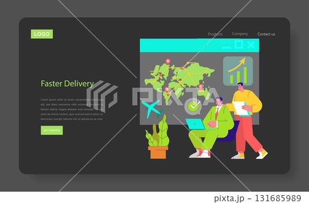 Vector illustration of a business team analyzing a global delivery strategy. Two professionals are using a laptop and discussing logistics, displaying a map with locations and charts. 131685989