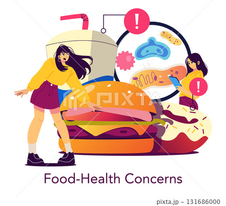 Vector illustration depicting two women expressing concern while analyzing fast food health hazards. The image includes illustrations of unhealthy food items and potential risks. Vector illustration depicting two women expressing concern while analyzing fast food health hazards. The image includes illustrations of unhealthy food items and potential risks. 131686000