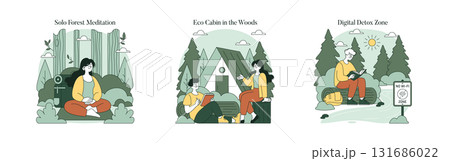 Trio of vector illustrations depicting solo meditation in a forest, relaxing by an eco cabin in the woods, and reading in a digital detox zone. Each image explores nature connection. Trio of vector illustrations depicting solo meditation in a forest, relaxing by an eco cabin in the woods, and reading in a digital detox zone. Each image explores nature connection. 131686022