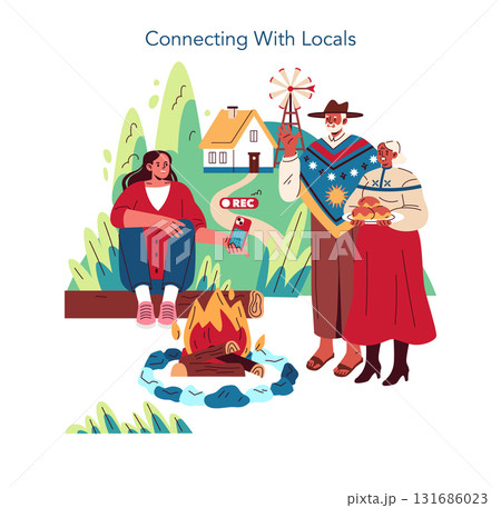 Vector illustration of a person recording an interview with locals around a campfire. The scene includes a cozy fire, friendly expressions, and traditional attire, representing cultural exchange. 131686023