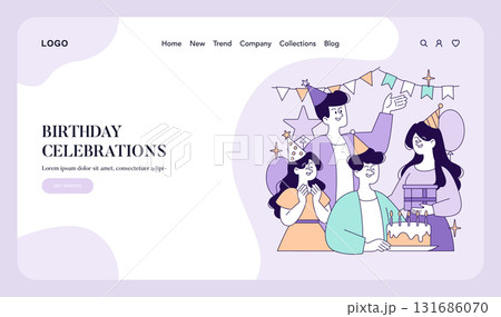 Vector illustration of people celebrating a birthday with party hats, cake, and gifts. Joyful expressions and festive decorations emphasize the fun and excitement of the event. 131686070