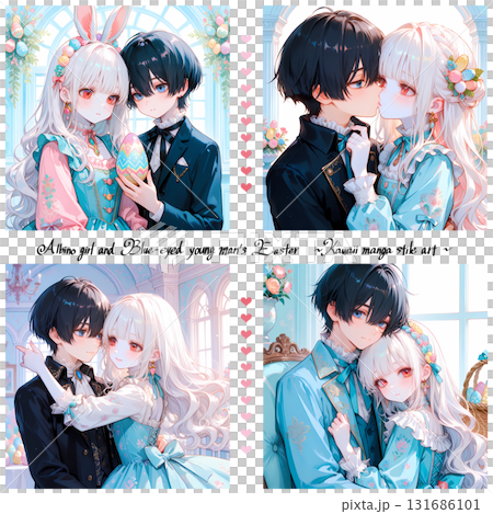 寄り添うカップル。アルビノの少女と碧眼の青年のイースター。日本の漫画風のAIイラスト4枚セット 131686101