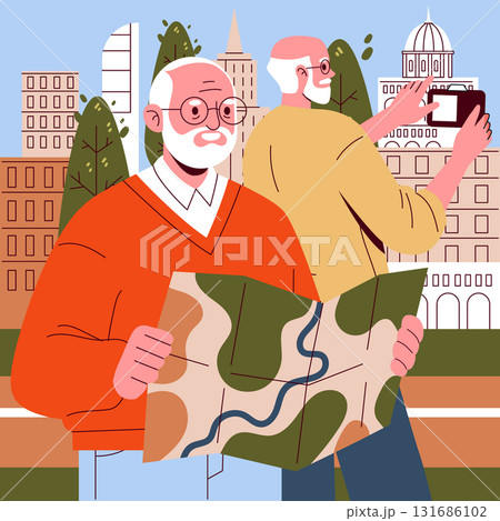 Elderly tourists engage in city exploration, one reading a map and another taking photos of landmarks. Cartoon style emphasizes adventure, travel, and senior activity in a vibrant urban setting. 131686102