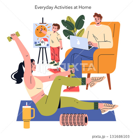 Family members perform various activities at home. A person exercises with weights, while another works on a laptop, and a child paints, showcasing everyday home life. Family members perform various activities at home. A person exercises with weights, while another works on a laptop, and a child paints, showcasing everyday home life. 131686103