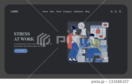 Vector illustration showing a stressed team in an office setting. One person seated, facing an overflowing workload on a laptop, while another stands, overwhelmed with tasks and expressing concern. 131686107