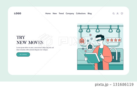 Vector illustration depicting a person using virtual reality glasses and a tablet on public transport. The setting is futuristic with digital interactions and feedback icons. Vector illustration depicting a person using virtual reality glasses and a tablet on public transport. The setting is futuristic with digital interactions and feedback icons. 131686119