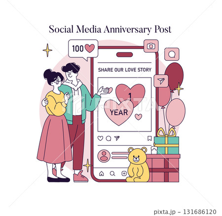 Vector illustration showing a couple celebrating their one-year anniversary on social media. They interact with a large smartphone displaying their love story, surrounded by gifts and cheerful symbols Vector illustration showing a couple celebrating their one-year anniversary on social media. They interact with a large smartphone displaying their love story, surrounded by gifts and cheerful symbols 131686120