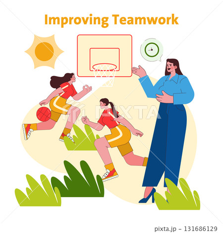 Vector illustration of a coach guiding a basketball team, emphasizing teamwork and strategy. Two players actively engage in a training session on the court, enhancing skills. Vector illustration of a coach guiding a basketball team, emphasizing teamwork and strategy. Two players actively engage in a training session on the court, enhancing skills. 131686129