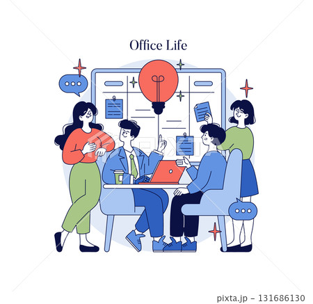 Vector illustration depicting a team brainstorming around a table. Members are engaged, exchanging ideas with a large board and a light bulb symbolizing creativity and innovation. Vector illustration depicting a team brainstorming around a table. Members are engaged, exchanging ideas with a large board and a light bulb symbolizing creativity and innovation. 131686130