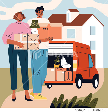 Vector illustration shows a couple unloading boxes from a moving van outside their new home. The scene captures the excitement and teamwork involved in the moving process. 131686152