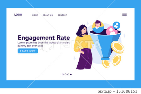 Engaging vector illustration of a woman standing next to a marketing funnel filled with user icons and coins, symbolizing successful engagement strategies and digital marketing concepts. 131686153