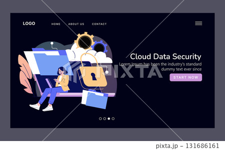 Cloud data security vector illustration featuring a person using a laptop. Symbolic elements like gears and a padlock highlight cybersecurity concepts and online data protection. 131686161