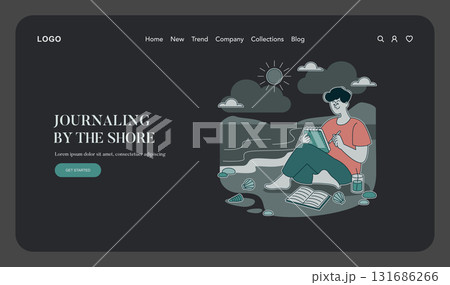 Vector illustration of a person journaling by the shore, seated on the sand with a notebook, surrounded by shells and waves. The sun is shining with few clouds in the sky. Vector illustration of a person journaling by the shore, seated on the sand with a notebook, surrounded by shells and waves. The sun is shining with few clouds in the sky. 131686266