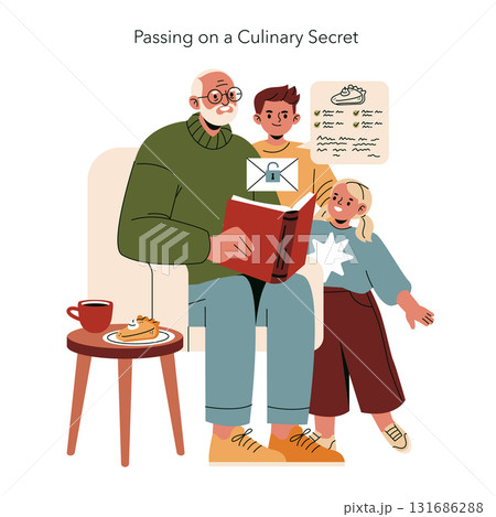 Vector illustration of a grandfather reading a recipe book to two children, illustrating the transmission of culinary wisdom. Cozy scene with a cup of tea and pastry on the side table. 131686288