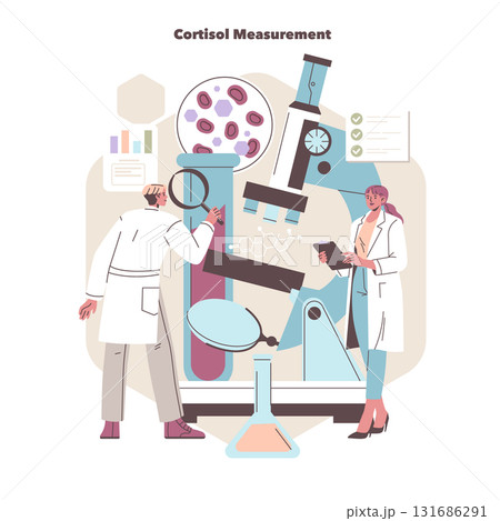 Scientists analyzing cortisol levels using advanced laboratory equipment. The illustration highlights the interaction between researchers and modern scientific tools in a lab setting. 131686291