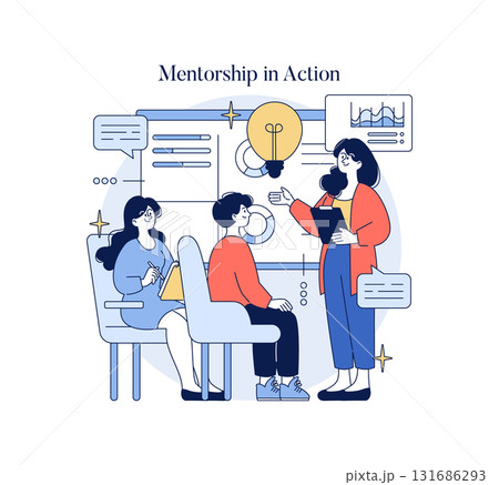 Vector illustration depicting a mentorship session among three individuals discussing ideas. The mentor gestures with a friendly expression, engaging participants in brainstorming. 131686293