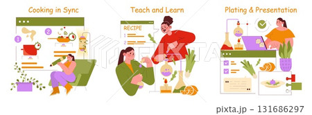 Vector illustration depicting three scenes of collaborative cooking and learning. Individuals engage in synchronized cooking, recipe teaching, meal plating, showcasing teamwork and culinary skills. 131686297