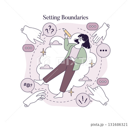 Vector illustration of a person setting personal boundaries, surrounded by icons representing communication and conflict. Depicts empowerment, self-protection, and emotional resilience. 131686321