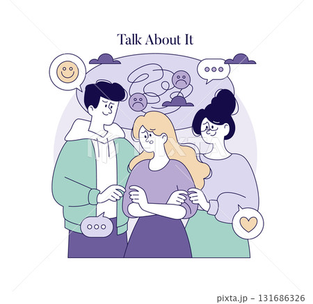 Vector illustration showing three people in a supportive interaction, expressing empathy and understanding. The image highlights emotional support through conversation and connection. Vector illustration showing three people in a supportive interaction, expressing empathy and understanding. The image highlights emotional support through conversation and connection. 131686326