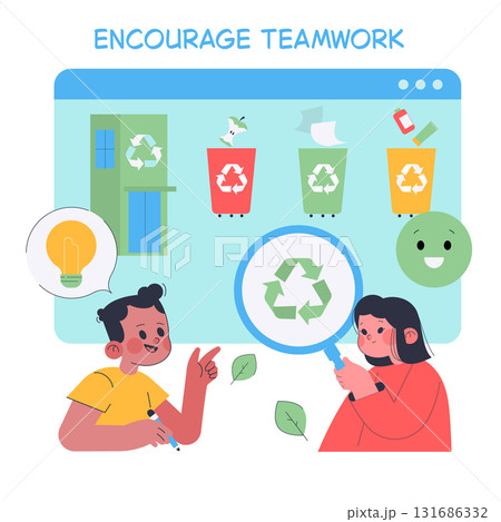 Children discussing recycling in an educational teamwork activity, engaging with various recycling bins and symbols. Emphasizes the importance of environmental awareness and collaboration. 131686332