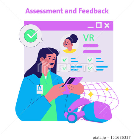 Vector illustration showing a person analyzing assessment and feedback on a digital device. The background features virtual reality elements and a communication interface. Vector illustration showing a person analyzing assessment and feedback on a digital device. The background features virtual reality elements and a communication interface. 131686337