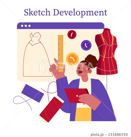 Fashion designer happily creating a dress sketch on a digital platform. Elements like sewing threads, buttons, and a mannequin emphasize the creative design process in this vector illustration. Fashion designer happily creating a dress sketch on a digital platform. Elements like sewing threads, buttons, and a mannequin emphasize the creative design process in this vector illustration. 131686350
