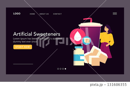Vector illustration of a website banner featuring artificial sweeteners. A woman stands beside sugar cubes and a large drink, highlighting sweetener options. Modern design for web use. 131686355