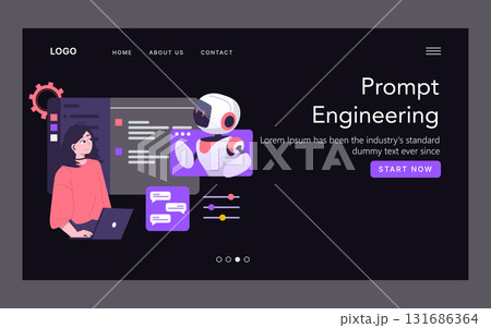 Vector illustration depicting a woman using a laptop while interacting with a robot on a prompt engineering platform. The scene highlights collaboration between humans and AI in technology. Vector illustration depicting a woman using a laptop while interacting with a robot on a prompt engineering platform. The scene highlights collaboration between humans and AI in technology. 131686364