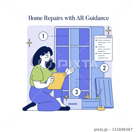 Vector illustration depicting a person using augmented reality guidance on a tablet for home repairs. The individual engages with digital instructions while surrounded by repair tools. Vector illustration depicting a person using augmented reality guidance on a tablet for home repairs. The individual engages with digital instructions while surrounded by repair tools. 131686367