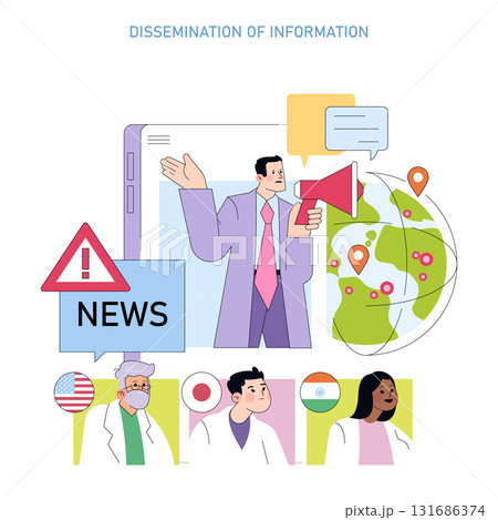 Vector illustration showing a speaker spreading global news using a megaphone. Highlighted are multiple countries and professionals, emphasizing international communication and collaboration. Vector illustration showing a speaker spreading global news using a megaphone. Highlighted are multiple countries and professionals, emphasizing international communication and collaboration. 131686374
