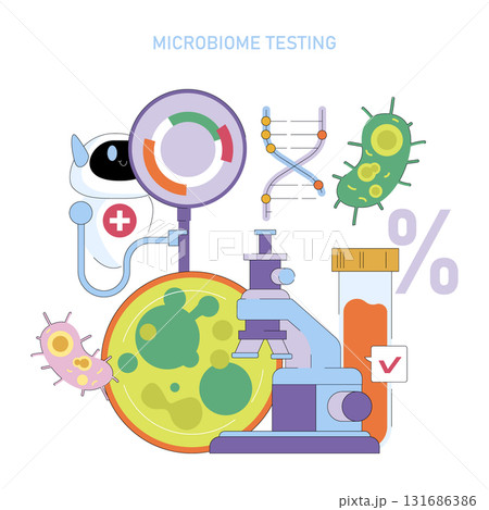 Vector illustration showcasing microbiome testing concept. Features lab tools like a microscope, DNA strand, petri dish, and bacteria. Perfect for educational and scientific content. Vector illustration showcasing microbiome testing concept. Features lab tools like a microscope, DNA strand, petri dish, and bacteria. Perfect for educational and scientific content. 131686386